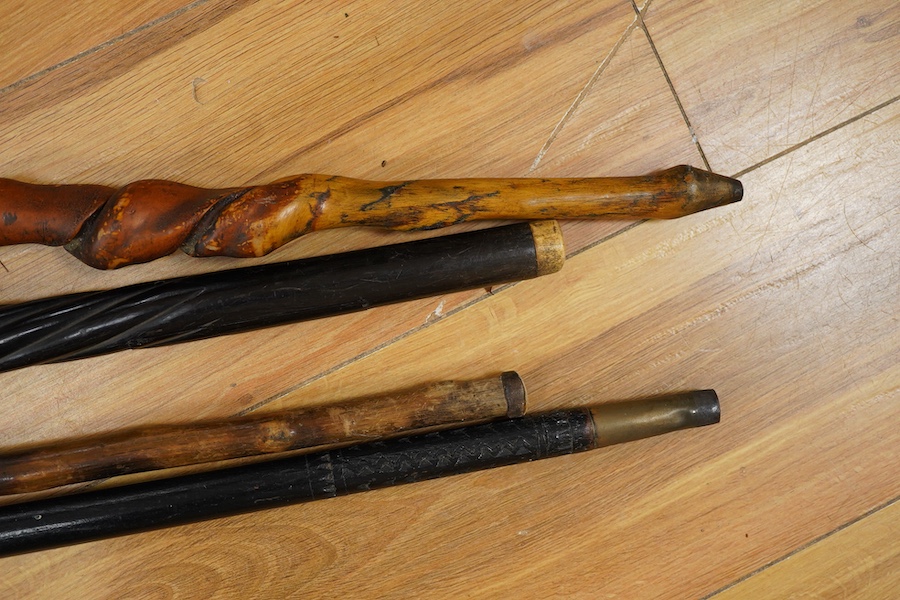 Four various walking canes to include a naturalistic example and one with the handle in the form of an elephant